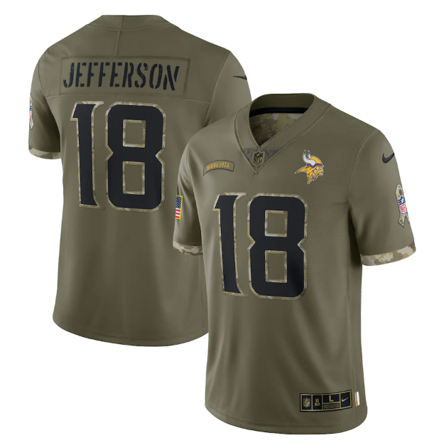 Men's Minnesota Vikings #18 Justin Jefferson Olive 2022 Salute To Service Limited Stitched Jersey Men's Minnesota Vikings #18 Justin Jefferson Olive 2022 Salute To Service Limited Stitched Jersey